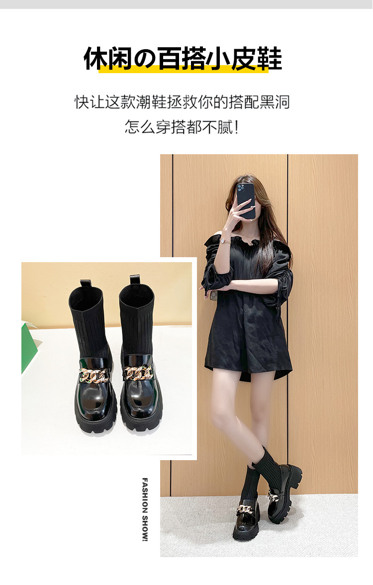 Metal Buckle Socks Boots 2021 Autumn and Winter Thick Heel round Toe Slipon British Style Skinny Boots Small Size Women Metal Buckle Socks Boots 2021 Autumn and Winter Thick Heel round Toe Slipon British Style Skinny Boots Small Size Women