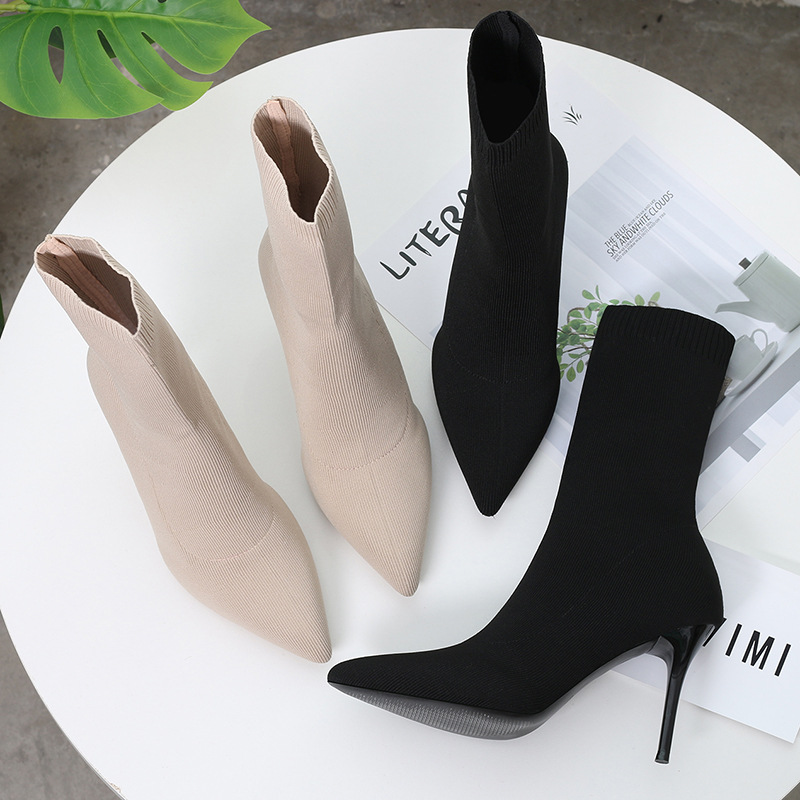 6 Autumn and Winter TikTok Socks Knitted Boots Thin Heeled Ankle Boots Women&#039;s High Heels Pointed Boots Women&#039;s