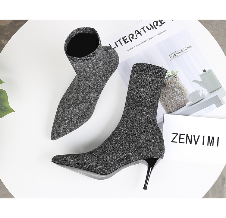6 Autumn and Winter TikTok Socks Knitted Boots Thin Heeled Ankle Boots Women's High Heels Pointed Boots Women's 6 Autumn and Winter TikTok Socks Knitted Boots Thin Heeled Ankle Boots Women's High Heels Pointed Boots Women's