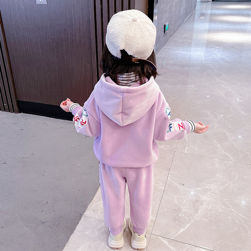 Children&#039;s Clothing Winter Hoodie Baby Thickened Cartoon Bear Hoodie Autumn and Winter Girls Velvet Padded Casual Pants Suit