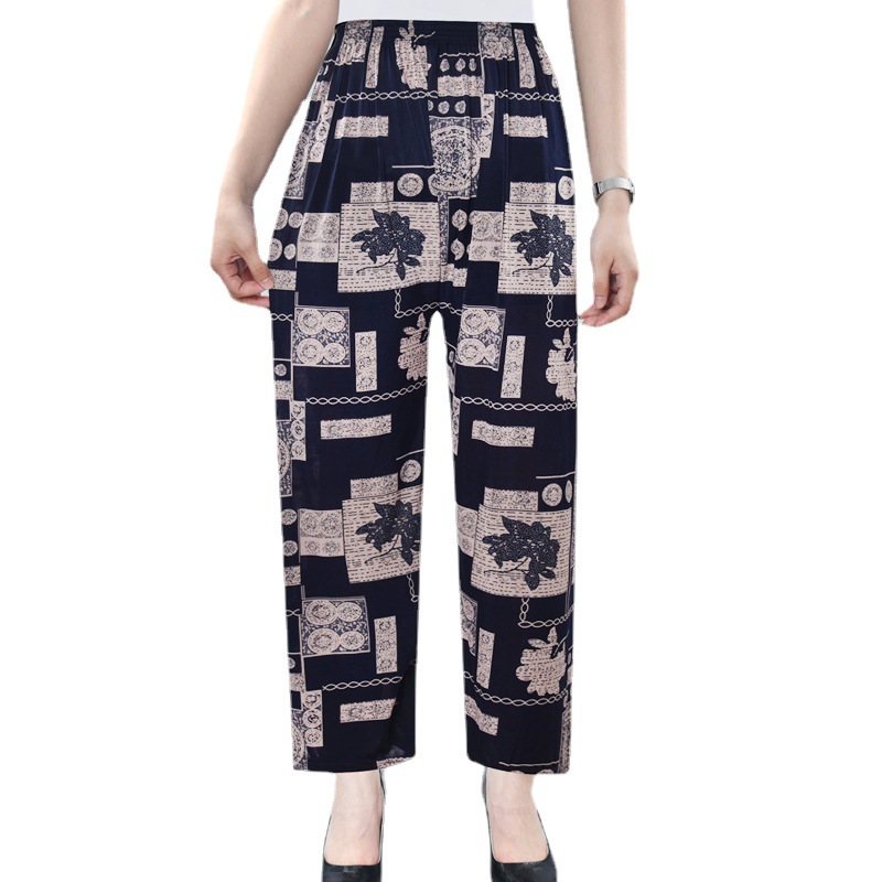 Factory Direct Sales Summer Cool Ice Silk Women&#039;s Pants Ice Silk Women&#039;s Flower Pants Cropped Flower Pants Middle-Aged and Elderly Casual Pants