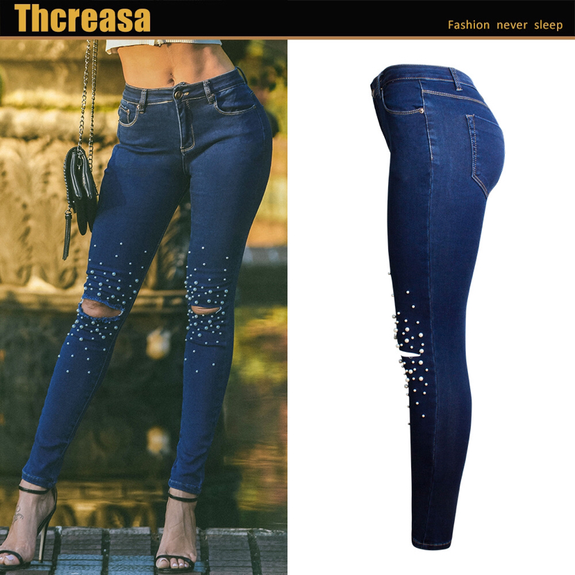 European and American Women&#039;s New Waisted Slim - Fit Pants Pencil Pants Pearl Ladies Cowboy Pants Foreign Trade 307