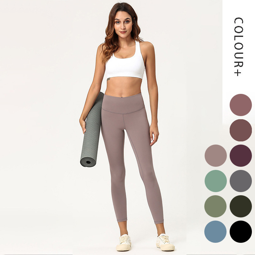 Lulu Same Style Amazon Women&#039;s Yoga Clothes Brushed Inner Pocket Nude Feel High Waist Hip Lift Peach Yoga Ninth Pants