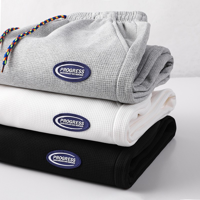 2022 Japanese Waffle Velvet Sweatpants Men&#039;s Large Size Sports Ninth Pants Trendy Spring and Autumn Warm Ankle Banded Pants