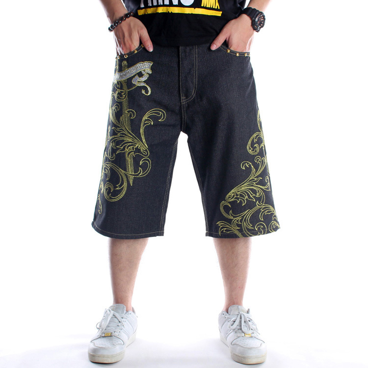 Summer European and American Fashion Loose plus Size Denim Shorts Men&#039;s Youth Street Dance Hip-Hop Personality Embroidery Cropped Trousers