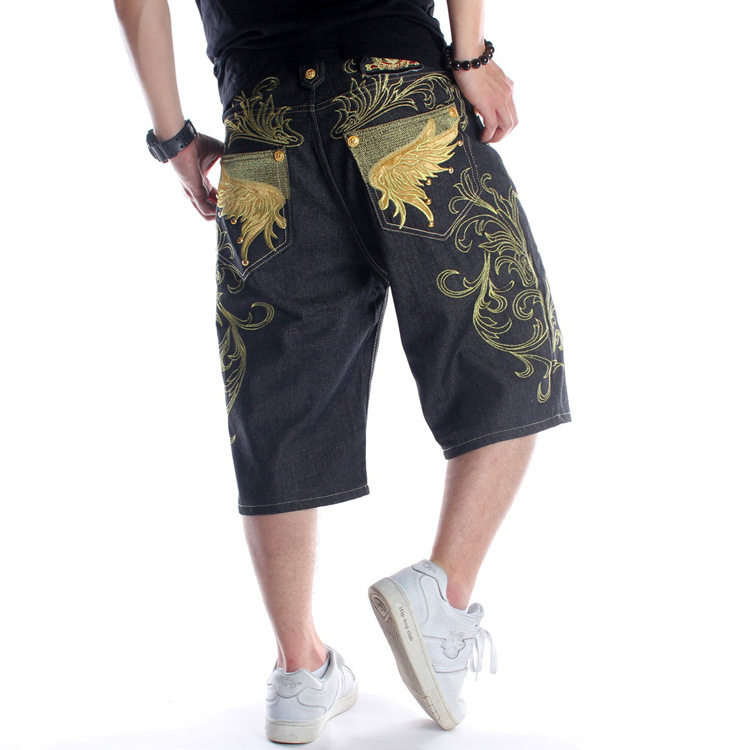 Summer European and American Fashion Loose plus Size Denim Shorts Men&#039;s Youth Street Dance Hip-Hop Personality Embroidery Cropped Trousers