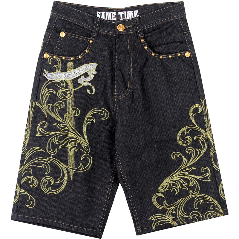 Summer European and American Fashion Loose plus Size Denim Shorts Men&#039;s Youth Street Dance Hip-Hop Personality Embroidery Cropped Trousers