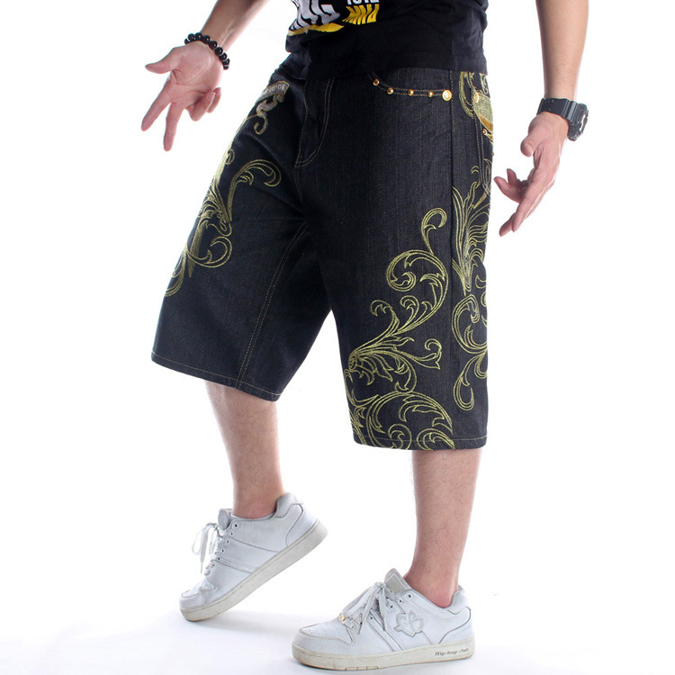 Summer European and American Fashion Loose plus Size Denim Shorts Men's Youth Street Dance Hip-Hop Personality Embroidery Cropped Trousers Summer European and American Fashion Loose plus Size Denim Shorts Men's Youth Street Dance Hip-Hop Personality Embroidery Cropped Trousers