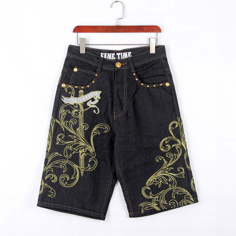Summer European and American Fashion Loose plus Size Denim Shorts Men's Youth Street Dance Hip-Hop Personality Embroidery Cropped Trousers Summer European and American Fashion Loose plus Size Denim Shorts Men's Youth Street Dance Hip-Hop Personality Embroidery Cropped Trousers