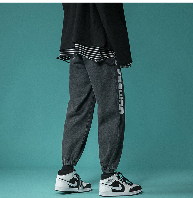 Letter Print Light-Colored Jeans Men's Spring and Autumn Hip Hop Trend Casual Jogger Pants Loose Cropped Trousers Letter Print Light-Colored Jeans Men's Spring and Autumn Hip Hop Trend Casual Jogger Pants Loose Cropped Trousers