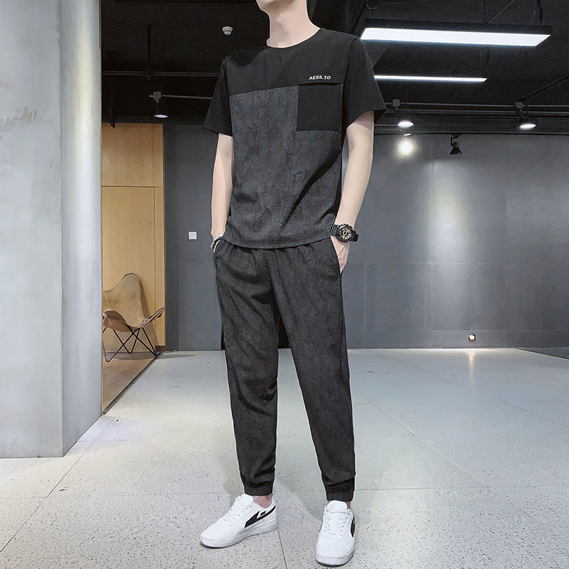 2021 New Short Sleeve Men&#039;s Sport Suit Summer Ice Silk Thin Casual Trend Oversized Pants Sports wear