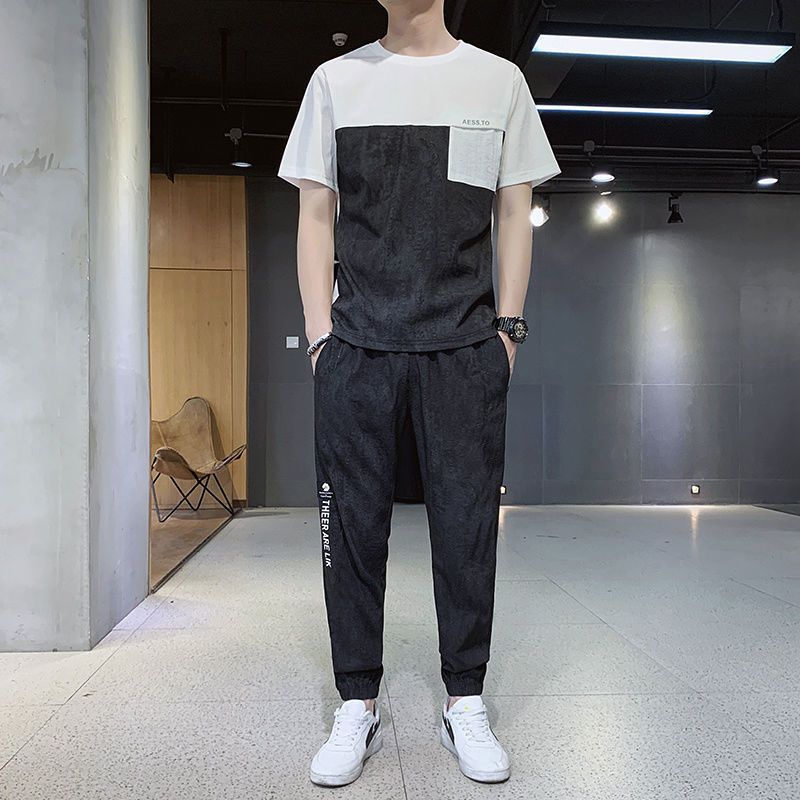 2021 New Short Sleeve Men&#039;s Sport Suit Summer Ice Silk Thin Casual Trend Oversized Pants Sports wear