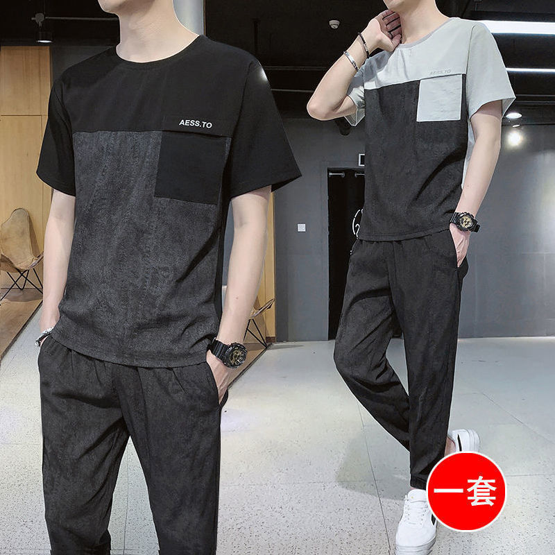 2021 New Short Sleeve Men&#039;s Sport Suit Summer Ice Silk Thin Casual Trend Oversized Pants Sports wear