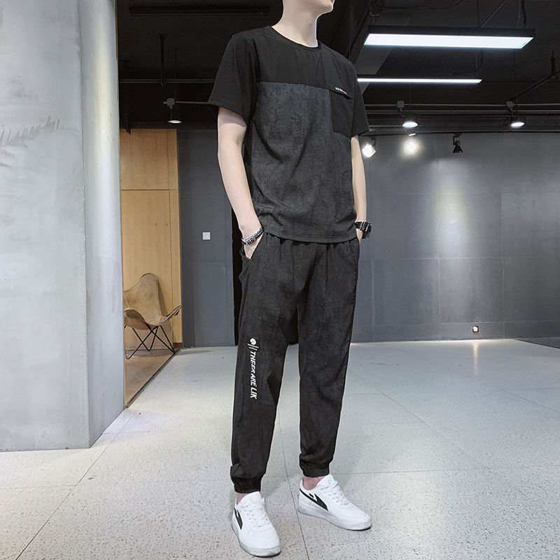 2021 New Short Sleeve Men&#039;s Sport Suit Summer Ice Silk Thin Casual Trend Oversized Pants Sports wear
