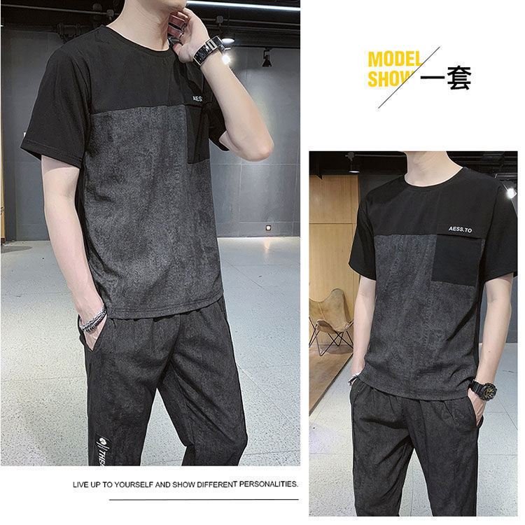 2021 New Short Sleeve Men's Sport Suit Summer Ice Silk Thin Casual Trend Oversized Pants Sports wear 2021 New Short Sleeve Men's Sport Suit Summer Ice Silk Thin Casual Trend Oversized Pants Sports wear