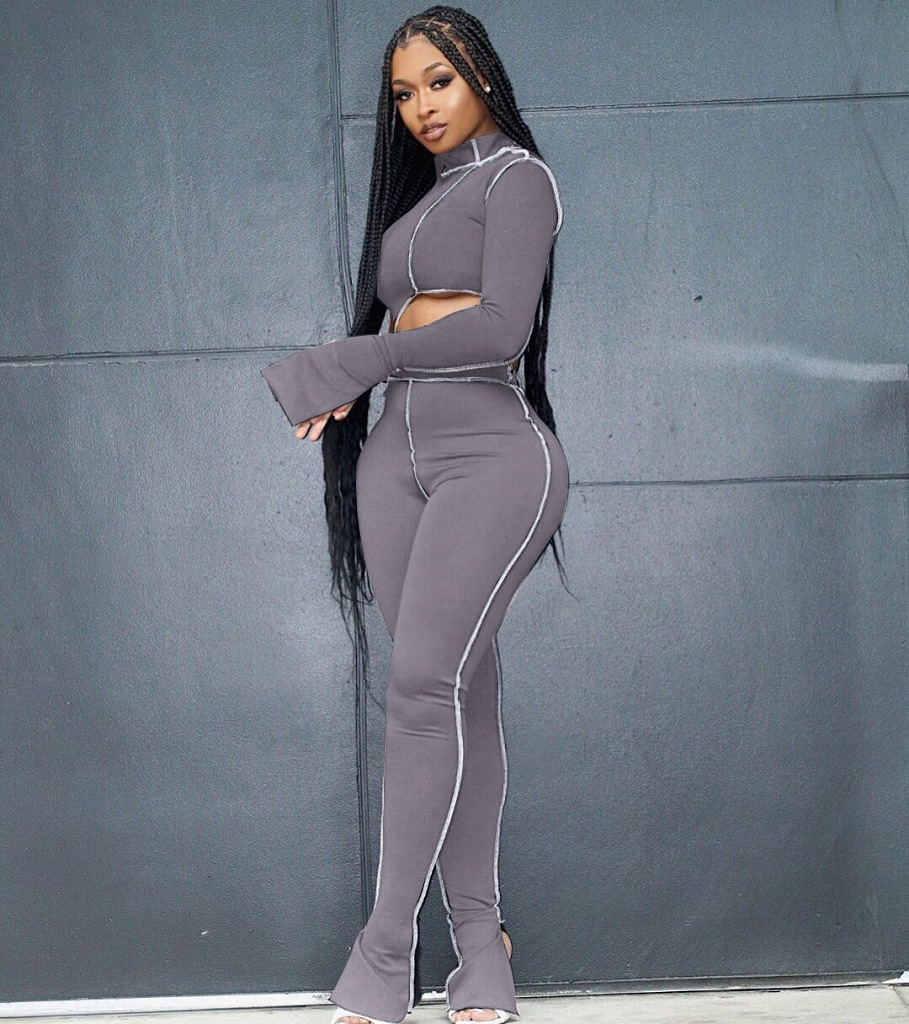M2053 Crossborder Fashion Women's Wear Aliexpress Autumn New Women's Wear Personality Line Slimming sports suit