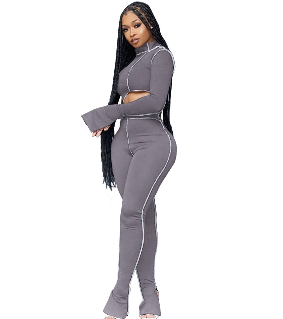 M2053 Crossborder Fashion Women's Wear Aliexpress Autumn New Women's Wear Personality Line Slimming sports suit