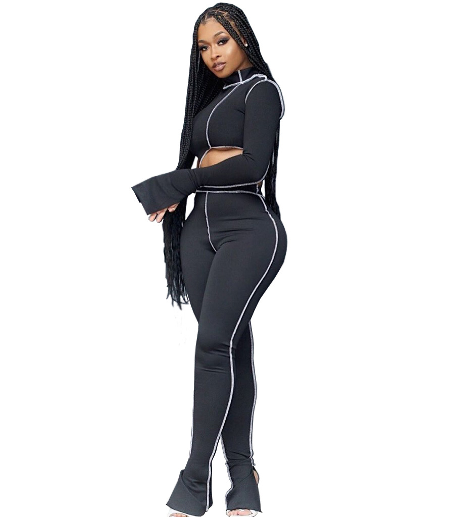 M2053 Crossborder Fashion Women's Wear Aliexpress Autumn New Women's Wear Personality Line Slimming sports suit