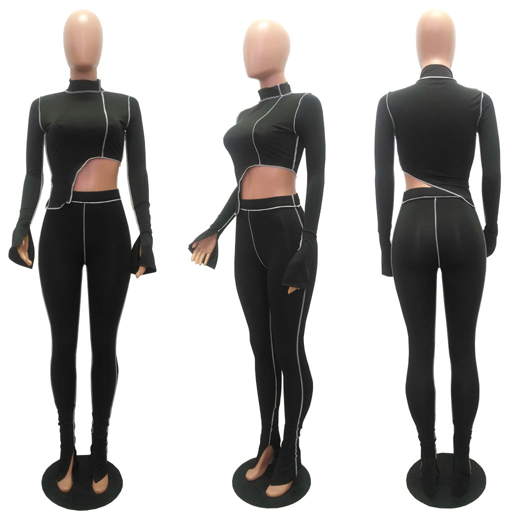 M2053 Crossborder Fashion Women's Wear Aliexpress Autumn New Women's Wear Personality Line Slimming sports suit