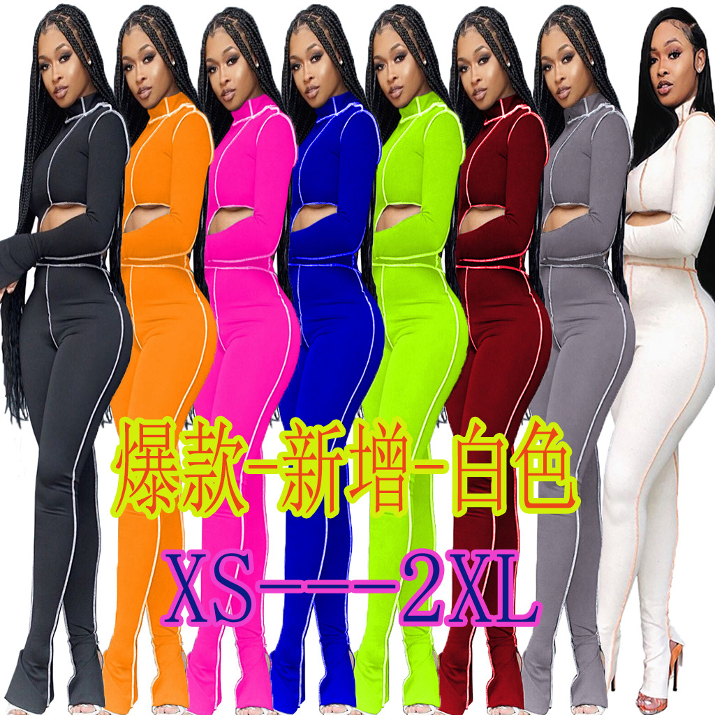 M2053 Crossborder fashion women&#039;s wear Aliexpress autumn new women&#039;s wear personality line slimming sports suit