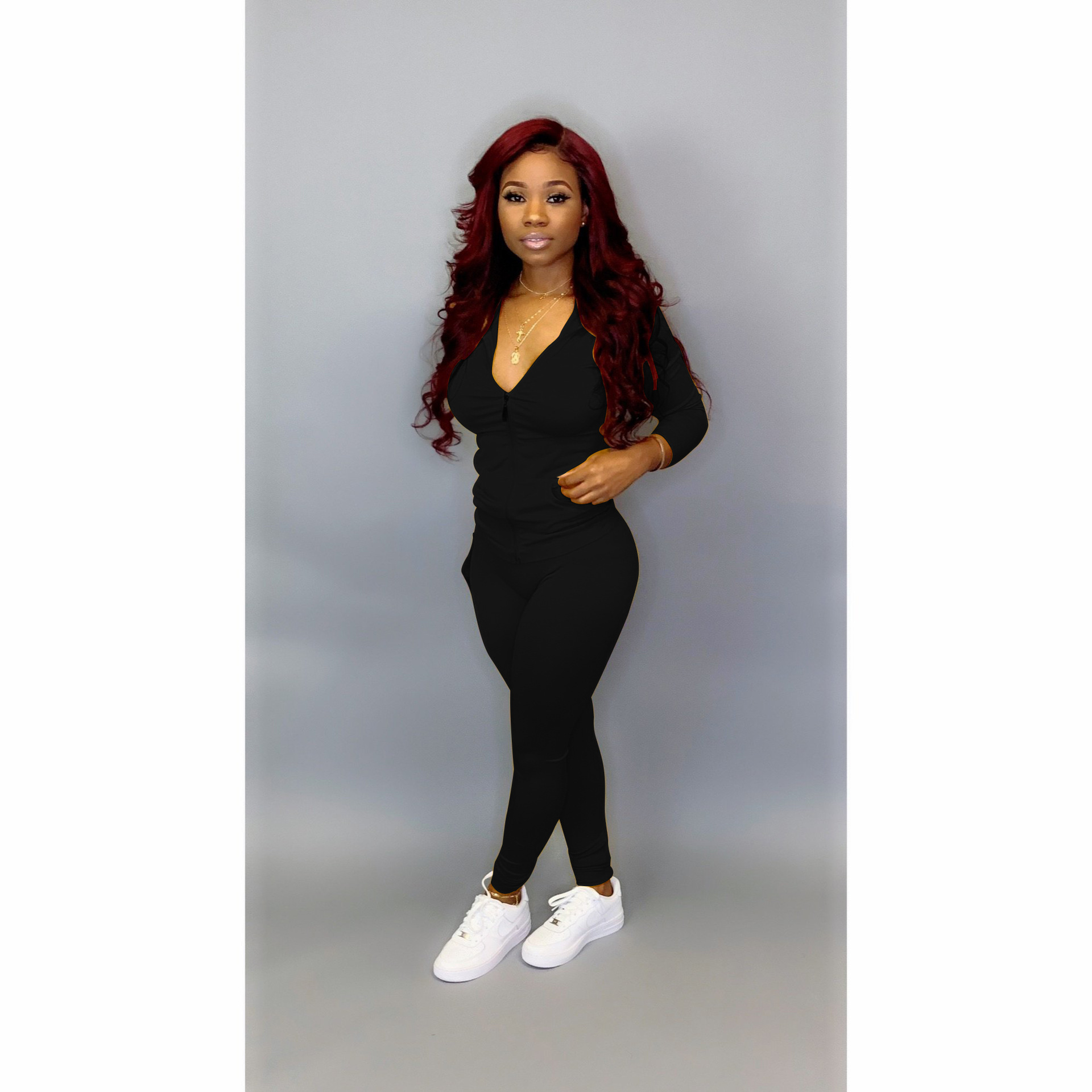 YZ1113 crossborder women's wear Autumn with a hat pocket zipper fashion leisure sports twopiece set YZ1113 crossborder women's wear Autumn with a hat pocket zipper fashion leisure sports twopiece set