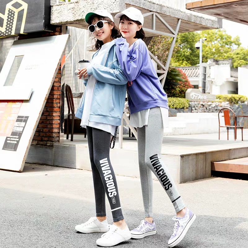 Leggings Women&#039;s Outer Wear Spring, Autumn and Winter New Cotton High Waist Slimming and Tight Sports Fashionable Printed Letter Leggings