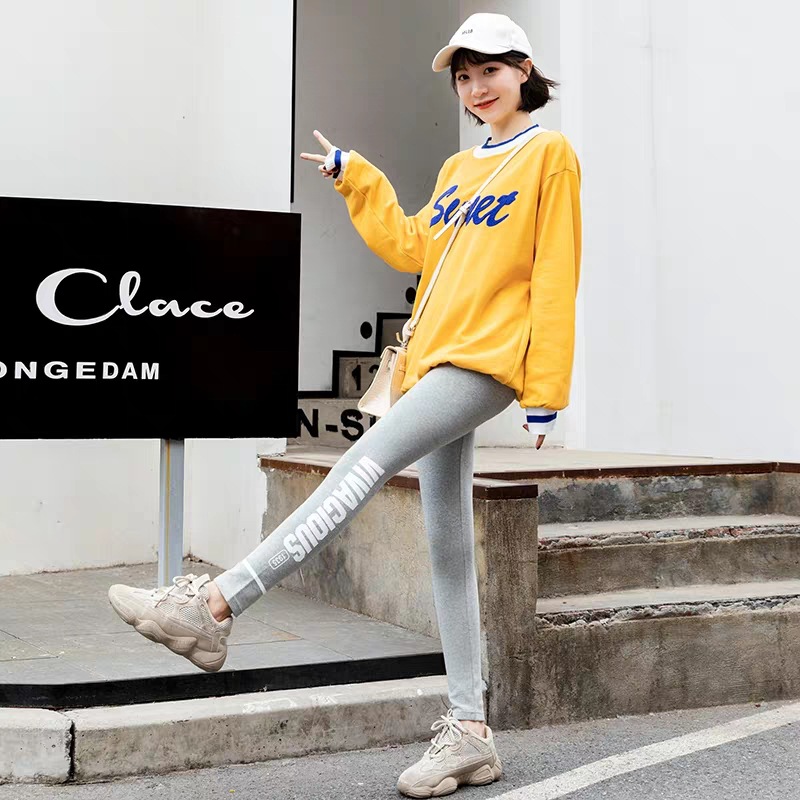 Leggings Women&#039;s Outer Wear Spring, Autumn and Winter New Cotton High Waist Slimming and Tight Sports Fashionable Printed Letter Leggings