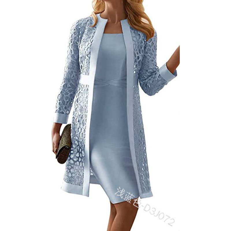 Fall 2020 New Women's Clothing Solid Color Lace Cardigan Dress Two-Piece Set Amazon Wish Foreign Trade D3j072
