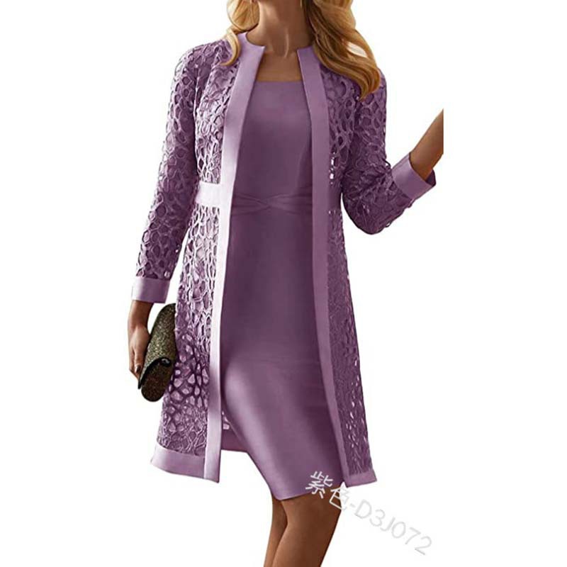 Fall 2020 New Women's Clothing Solid Color Lace Cardigan Dress Two-Piece Set Amazon Wish Foreign Trade D3j072