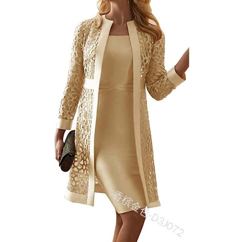 Fall 2020 New Women's Clothing Solid Color Lace Cardigan Dress Two-Piece Set Amazon Wish Foreign Trade D3j072