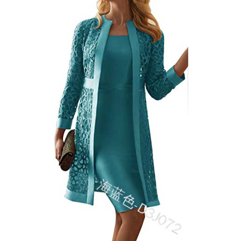 Fall 2020 New Women's Clothing Solid Color Lace Cardigan Dress Two-Piece Set Amazon Wish Foreign Trade D3j072