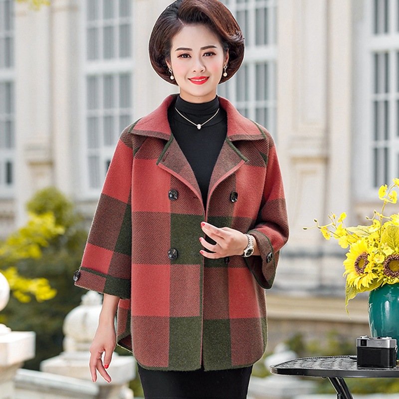 Middle-Aged and Elderly Women&#039;s Clothing Spring and Autumn Lattice Coat Korean Style Wide Lady Mom Wear New Knitted Double Sided Cotton Woolen Cardigan