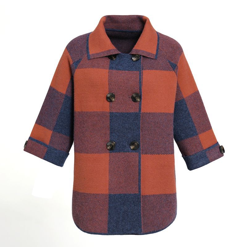 Middle-Aged and Elderly Women&#039;s Clothing Spring and Autumn Lattice Coat Korean Style Wide Lady Mom Wear New Knitted Double Sided Cotton Woolen Cardigan
