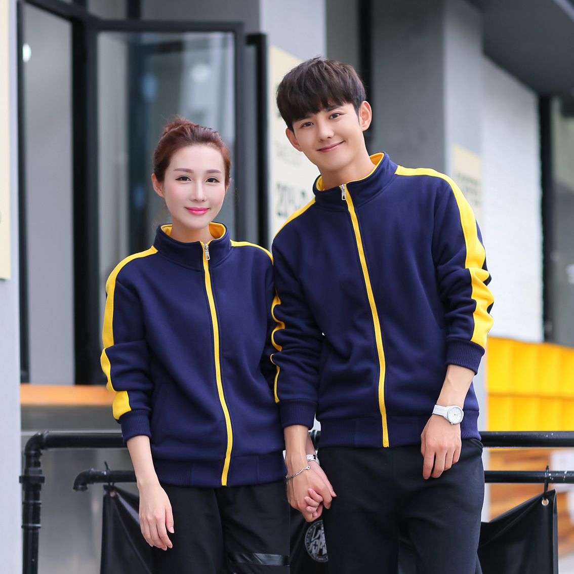 Happy Old Boy 309 Cardigan Zipper Shoulder Sleeve Color Stitching Stand-Collar Casual Sweatshirt Workwear Coat Printed Logo