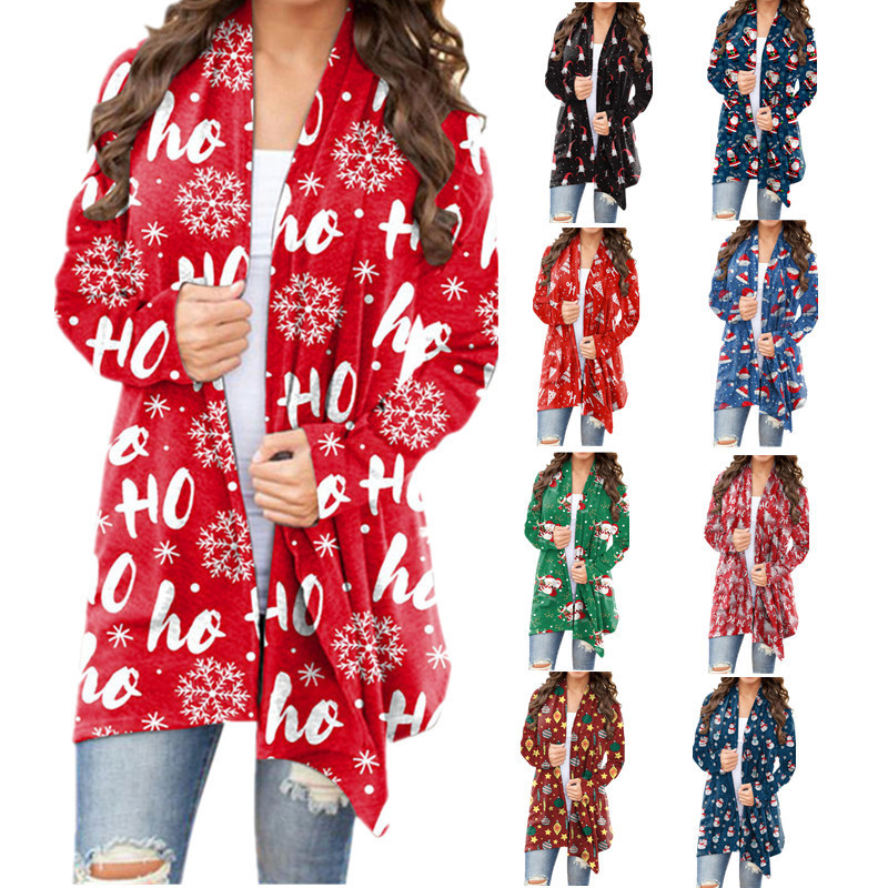 2021 Autumn and Winter Europe and America Cross Border New Amazon Wish Women&#039;s Clothing Christmas Printed Casual Long-Sleeved Cardigan for Women