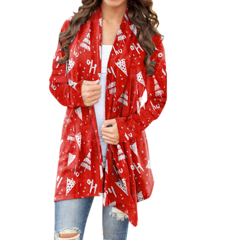 2021 Autumn and Winter Europe and America Cross Border New Amazon Wish Women&#039;s Clothing Christmas Printed Casual Long-Sleeved Cardigan for Women