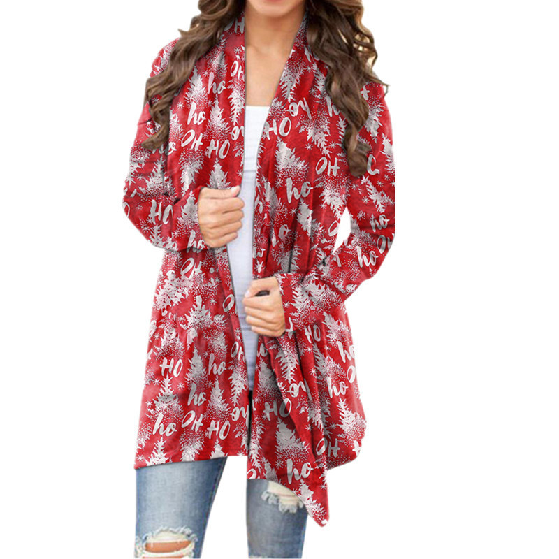 2021 Autumn and Winter Europe and America Cross Border New Amazon Wish Women's Clothing Christmas Printed Casual Long-Sleeved Cardigan for Women