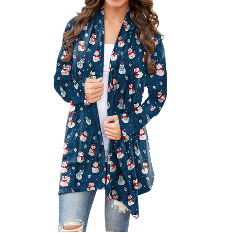 2021 Autumn and Winter Europe and America Cross Border New Amazon Wish Women's Clothing Christmas Printed Casual Long-Sleeved Cardigan for Women