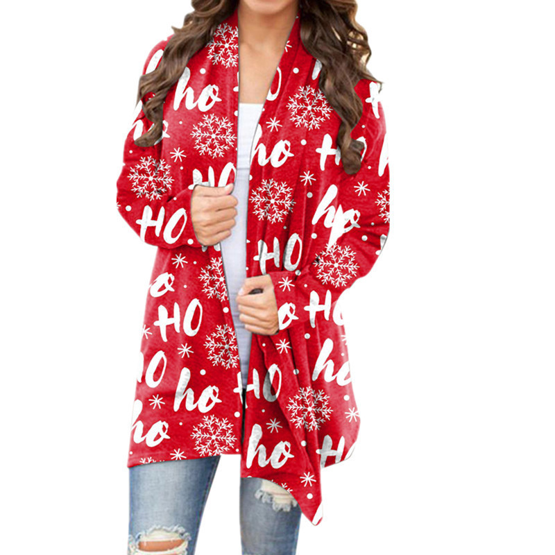 2021 Autumn and Winter Europe and America Cross Border New Amazon Wish Women's Clothing Christmas Printed Casual Long-Sleeved Cardigan for Women