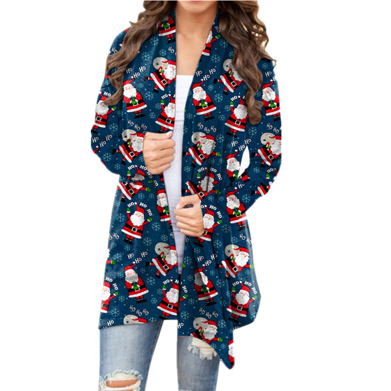 2021 Autumn and Winter Europe and America Cross Border New Amazon Wish Women's Clothing Christmas Printed Casual Long-Sleeved Cardigan for Women