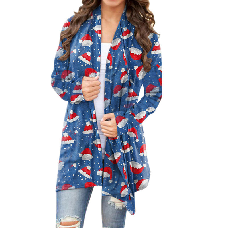 2021 Autumn and Winter Europe and America Cross Border New Amazon Wish Women's Clothing Christmas Printed Casual Long-Sleeved Cardigan for Women