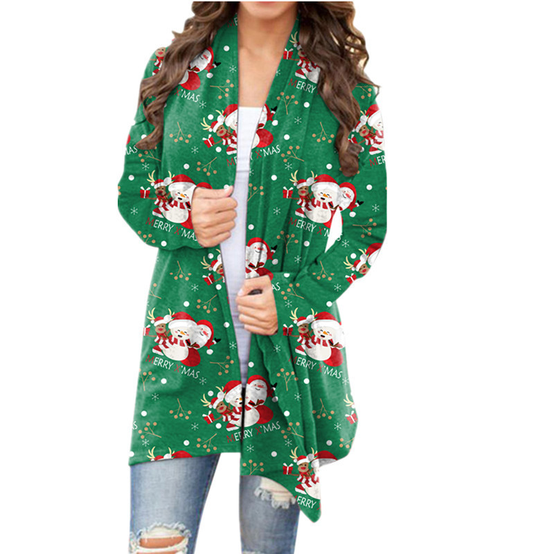 2021 Autumn and Winter Europe and America Cross Border New Amazon Wish Women's Clothing Christmas Printed Casual Long-Sleeved Cardigan for Women