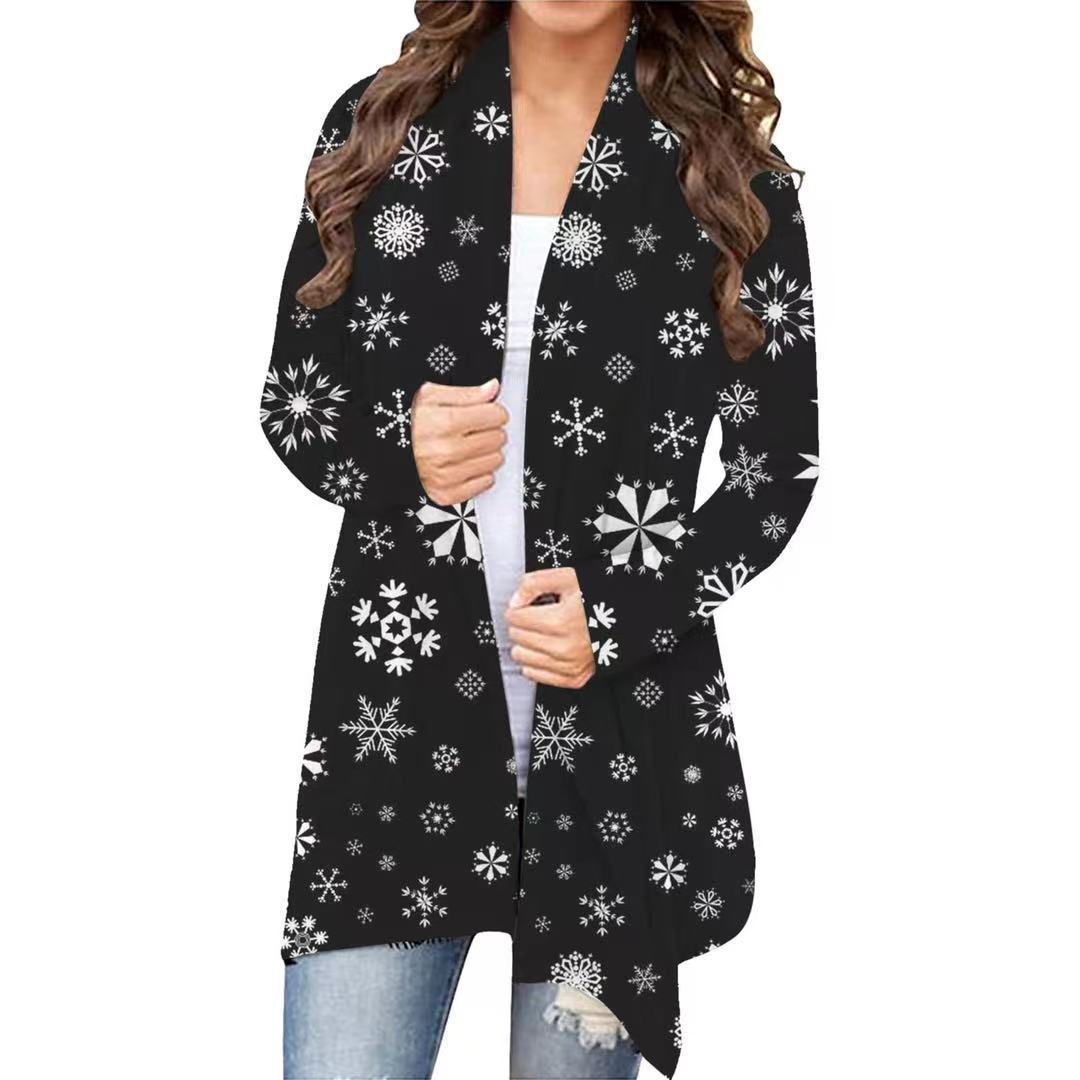2021 Autumn and Winter Europe and America Cross Border New Amazon Wish Women's Clothing Christmas Printed Casual Long-Sleeved Cardigan for Women
