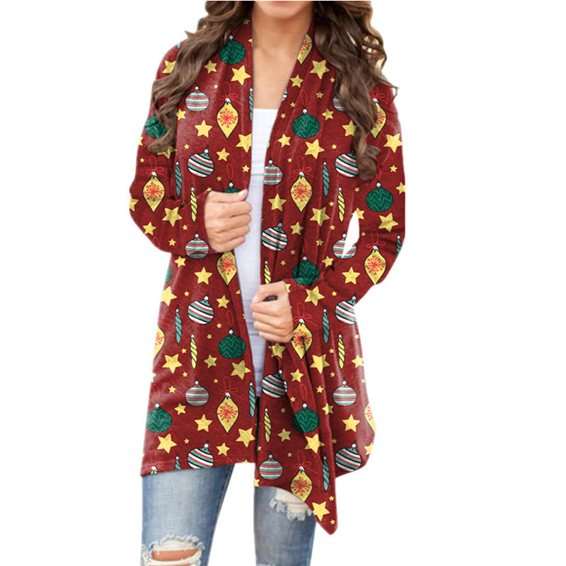 2021 Autumn and Winter Europe and America Cross Border New Amazon Wish Women's Clothing Christmas Printed Casual Long-Sleeved Cardigan for Women