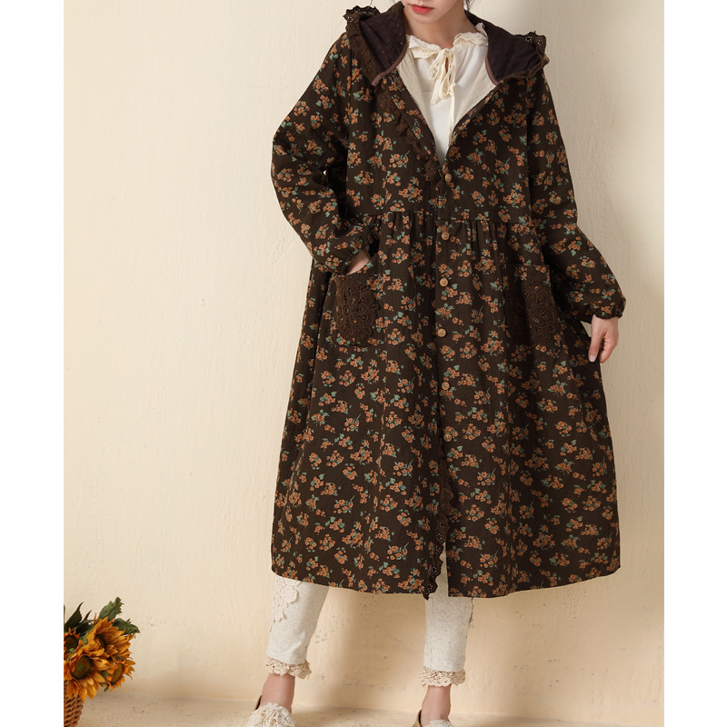 Japanese Mori Girl Thickened Hooded Printed Dress Autumn and Winter New Cardigan Coat Embroidered Edge Loose plus Size Women&#039;s Clothing