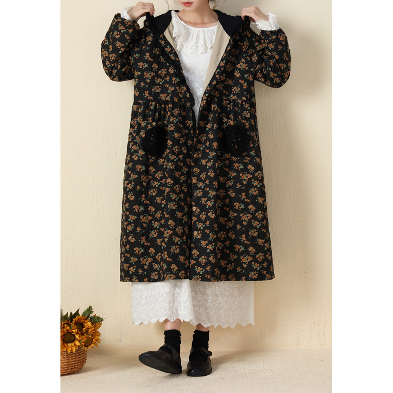 Japanese Mori Girl Thickened Hooded Printed Dress Autumn and Winter New Cardigan Coat Embroidered Edge Loose plus Size Women&#039;s Clothing