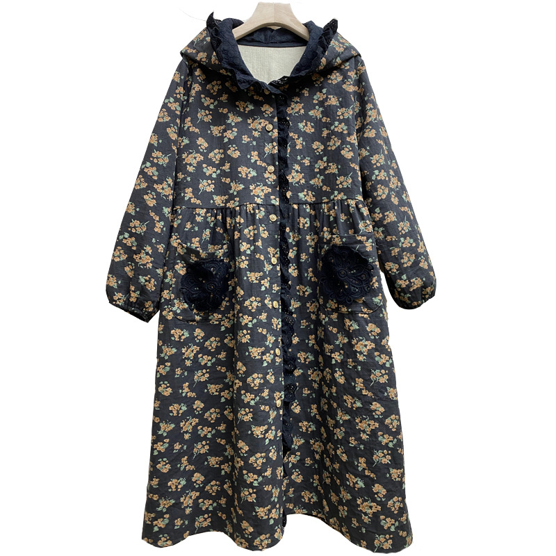 Japanese Mori Girl Thickened Hooded Printed Dress Autumn and Winter New Cardigan Coat Embroidered Edge Loose plus Size Women&#039;s Clothing