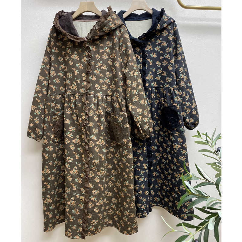 Japanese Mori Girl Thickened Hooded Printed Dress Autumn and Winter New Cardigan Coat Embroidered Edge Loose plus Size Women's Clothing Japanese Mori Girl Thickened Hooded Printed Dress Autumn and Winter New Cardigan Coat Embroidered Edge Loose plus Size Women's Clothing
