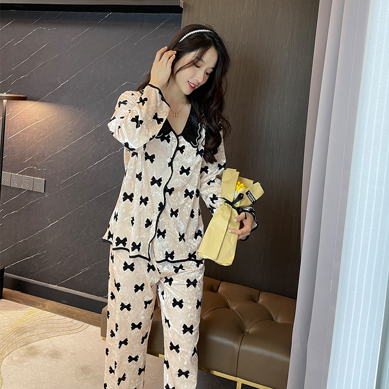 Gold Velvet Pajamas Women&#039;s Butterfly Pattern Cute Pajamas TikTok Hot Long-Sleeved Trousers Women&#039;s Pajamas