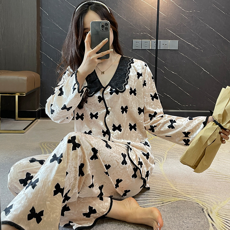 Gold Velvet Pajamas Women&#039;s Butterfly Pattern Cute Pajamas TikTok Hot Long-Sleeved Trousers Women&#039;s Pajamas